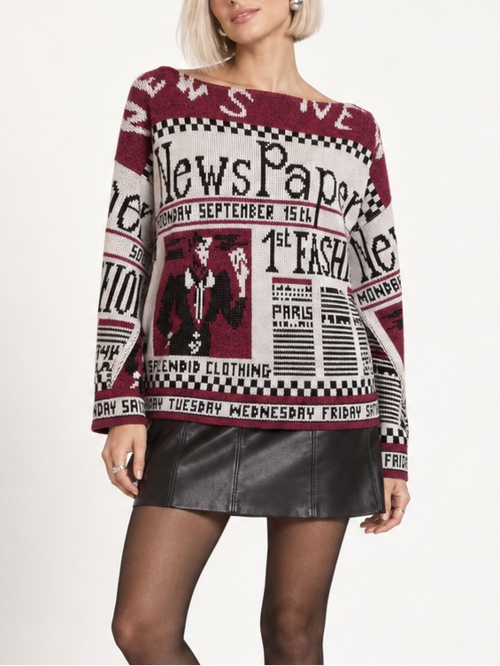 Adele Vintage 80s Newspaper Print Graphic Sweater Burgundy Relaxed Fit Medium